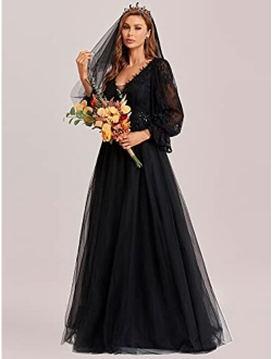 Women's V Neck Maxi Long Sleeves See-Through Sexy Lace Black Wedding Dress for Bride 90336