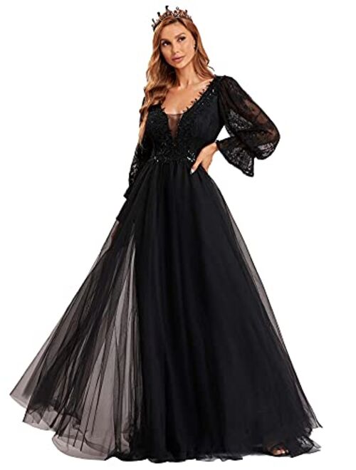 Ever-Pretty Women's V Neck Maxi Long Sleeves See-Through Sexy Lace Black Wedding Dress for Bride 90336