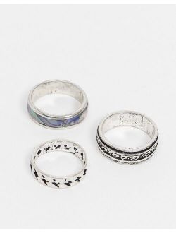 3 pack band ring set with 90s design in silver tone