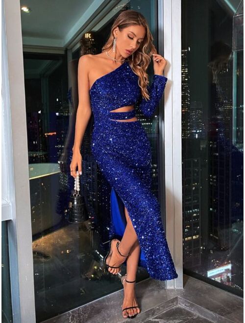 Shein One Shoulder Cut Out Split Thigh Sequins Prom Dress