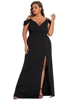 Women's Glitter Off-Shoulder Plus Size V-Neck Formal Dress for Evening Party 50088-PZ