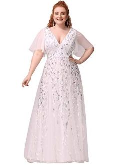 Womens Plus Size V Neck A Line Sequin Tulle Formal Dress 0734-PZ