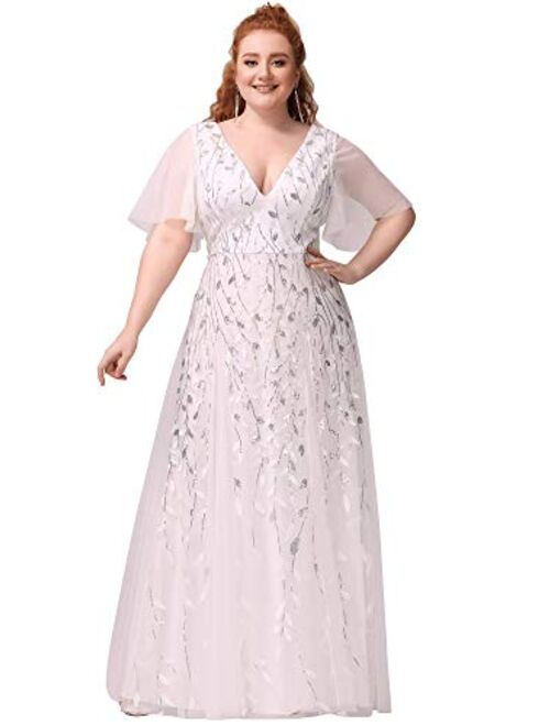 Ever-Pretty Womens Plus Size V Neck A Line Sequin Tulle Formal Dress 0734-PZ