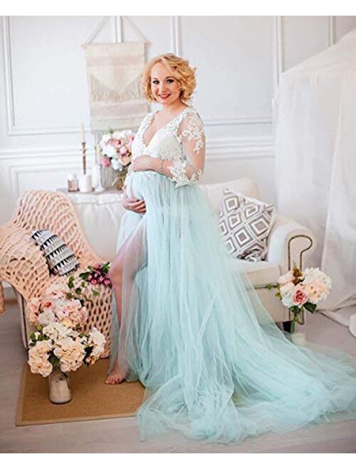Changuan Sexy Lace Maternity Dresses Long Sleeve Illusion Maxi Photography Dress for Photo Shoot