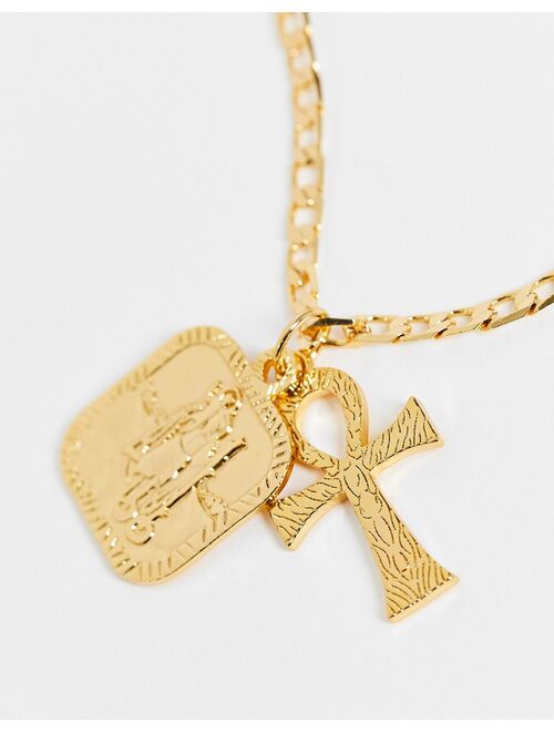 ASOS DESIGN neckchain with ankh and St Chris pendants in 14k gold plate