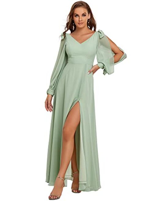 Ever-Pretty Women's V Neck Long Sleeve Elegant Chiffon A Line Side Slit Formal Prom Dress 80116