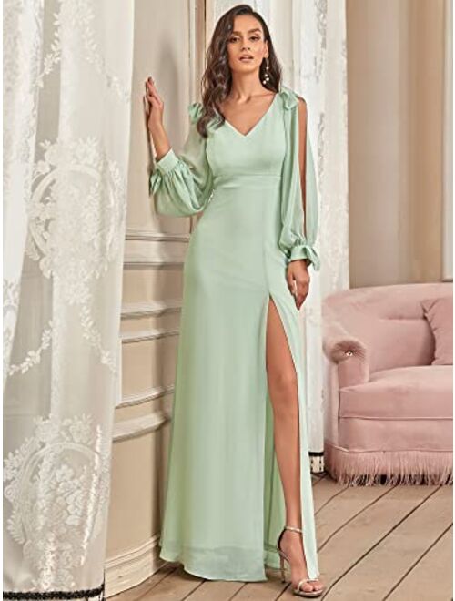 Ever-Pretty Women's V Neck Long Sleeve Elegant Chiffon A Line Side Slit Formal Prom Dress 80116