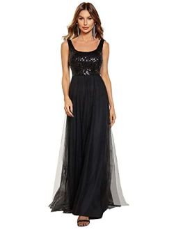 Women's Sleeveless A-line Maxi Round Neck Sequin Evening Dress for Women 80090