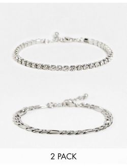 2 pack bracelet set with figaro chain and tennis bracelet in silver tones