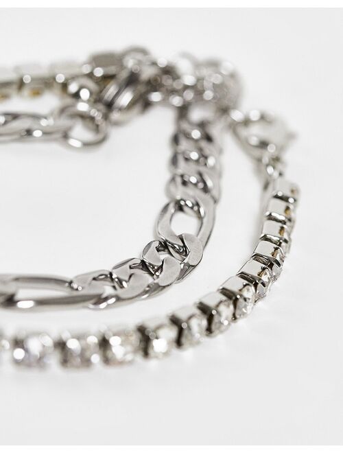 ASOS DESIGN 2 pack bracelet set with figaro chain and tennis bracelet in silver tones