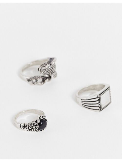 ASOS DESIGN 3 pack mixed signet ring set with animals in burnished silver tone