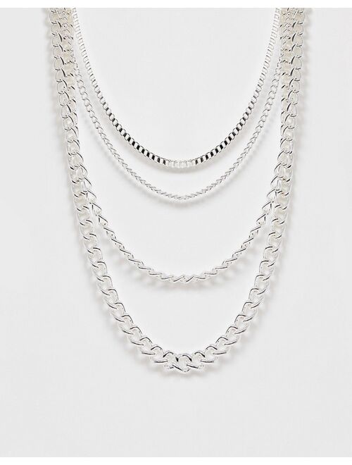 ASOS DESIGN 4 pack short layered neckchains in silver tone