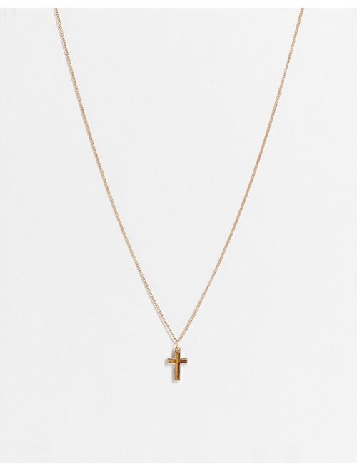 ASOS DESIGN neckchain with cross in faux tigers eye and gold tone