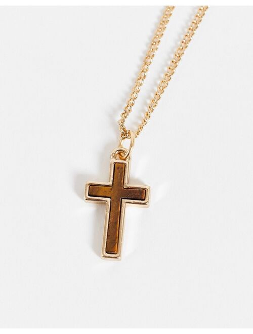 ASOS DESIGN neckchain with cross in faux tigers eye and gold tone