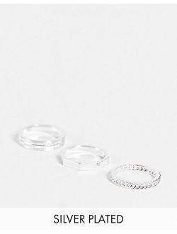 3-pack slim band ring set with textured detail in real silver plate