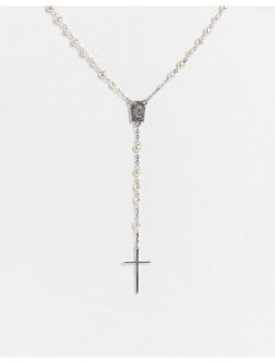 vintage-inspired rosary beads with white faux pearls and cross in burnished silver