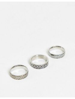 3 pack stainless steel band ring set with emboss detail in silver
