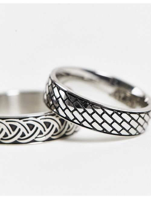 ASOS DESIGN 3 pack stainless steel band ring set with emboss detail in silver
