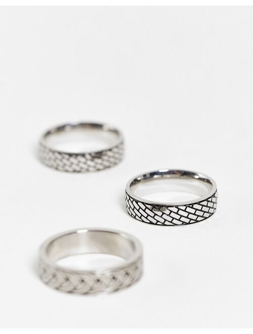 ASOS DESIGN 3 pack stainless steel band ring set with emboss detail in silver