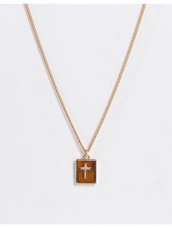 skinny neckchain with tiger's eye stone and cross pendant in gold tone