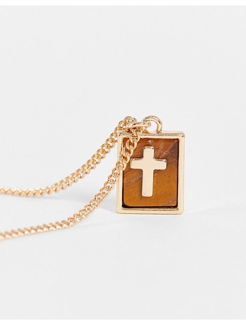 ASOS DESIGN skinny neckchain with tiger's eye stone and cross pendant in gold tone