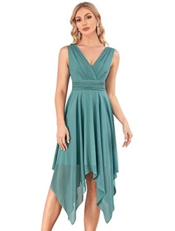 Women Double V Neck Ruched Waist A Line Cocktail Party Dress 3142