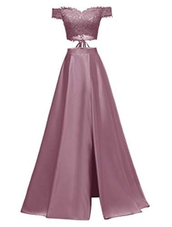 yinyyinhs Womens Two Piece Prom Dresses Long Off Shoulder Lace Satin Slit Formal Dress