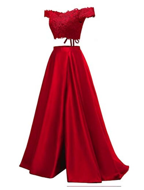yinyyinhs Womens Two Piece Prom Dresses Long Off Shoulder Lace Satin Slit Formal Dress