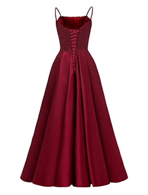 Changuan Women's Lace Prom Dress Long with Slit Spaghetti A-line Formal Evening Party Gowns with Pockets