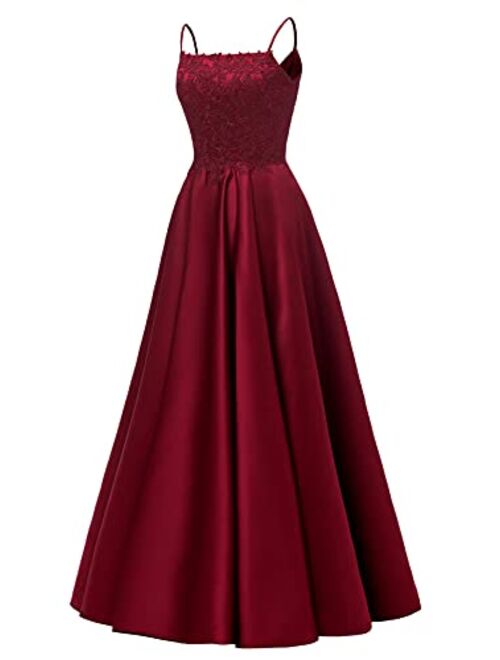 Changuan Women's Lace Prom Dress Long with Slit Spaghetti A-line Formal Evening Party Gowns with Pockets