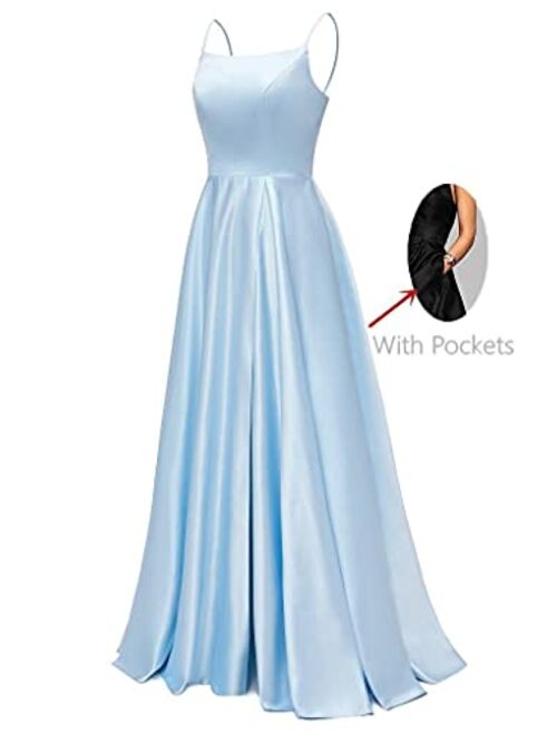 Changuan Shiny Glitter Prom Dresses Long Spaghetti Strap Split Formal Evening Party Ball Gowns with Pockets