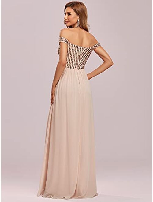 Ever-Pretty Women's Long Glitter Off Shoulder A Line Chiffon Evening Gowns for Women 50067