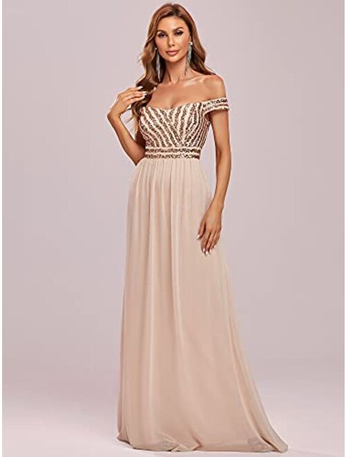 Ever-Pretty Women's Long Glitter Off Shoulder A Line Chiffon Evening Gowns for Women 50067