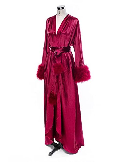 Changuan Feather Bridal Robe Silk Satin Fur Bridal Dressing Gown Sexy Long Lingerie Nightgown Bathrobe Sleepwear