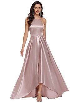 Women's Halter A-line High-Low Satin Long Prom Dress 0245
