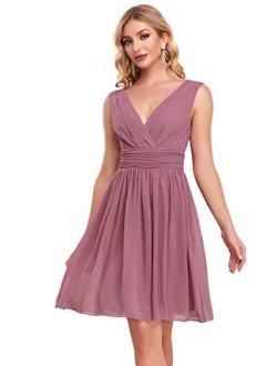 Women's Sleeveless Knee-Length V Neck Ruched Chiffon Formal Party Dress 3989