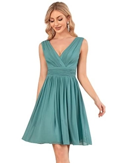 Women's Sleeveless Knee-Length V Neck Ruched Chiffon Formal Party Dress 3989