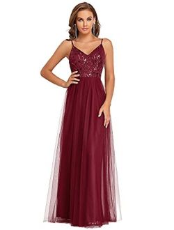Women's Sleeveless V Neck Sequin Embroidery Tulle Long Wedding Party Evening Dress 50090