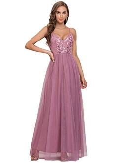 Women's Sleeveless V Neck Sequin Embroidery Tulle Long Wedding Party Evening Dress 50090