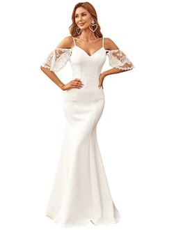 Women's A Line V Neck Floor-Length Lace Half Sleeves Wedding Dress for Bride 90366