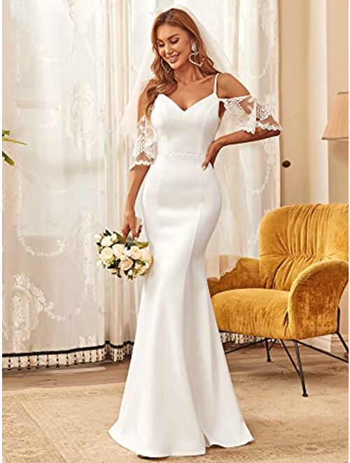 Ever-Pretty Women's A Line V Neck Floor-Length Lace Half Sleeves Wedding Dress for Bride 90366