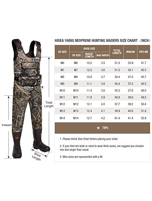 HISEA Hunting Waders Camo Neoprene Chest Waders for Men and Women with 1600G Insulated Rubber Boots Durable & Warm