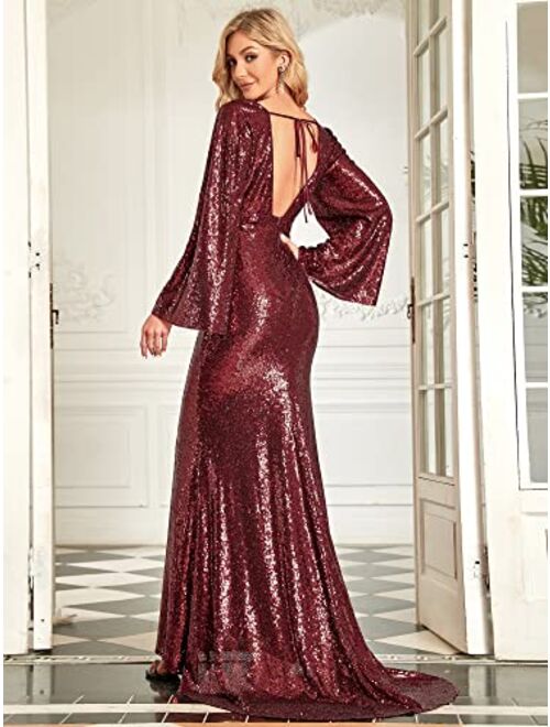 Ever-Pretty Women's V-Neck Long Flared Sleeves Maxi Sequin Mermaid Evening Party Dress 50165