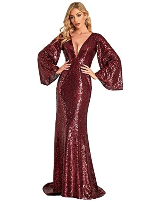 Ever-Pretty Women's V-Neck Long Flared Sleeves Maxi Sequin Mermaid Evening Party Dress 50165