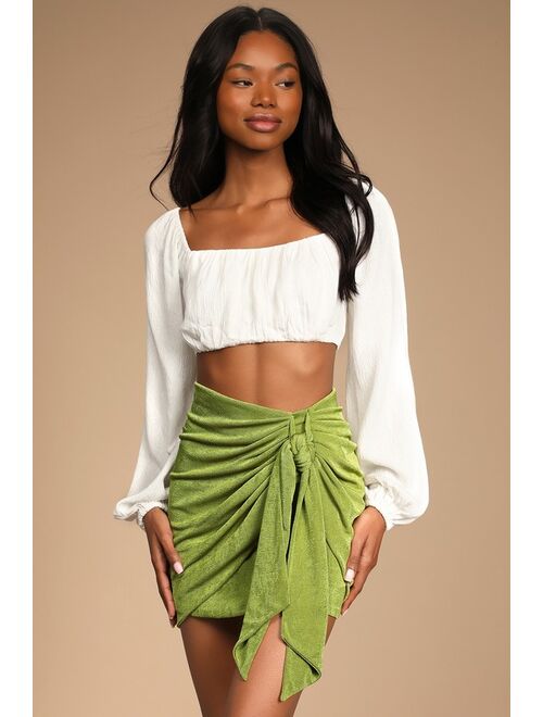 Lulus Beachside Party Shiny Green Ruched Tie-Front Mini Skirt