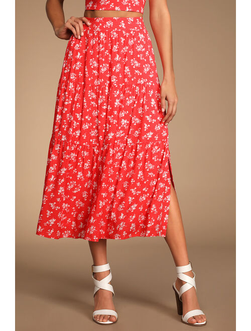 Lulus Seasonal Blooms Red Floral Print Tiered Midi Skirt