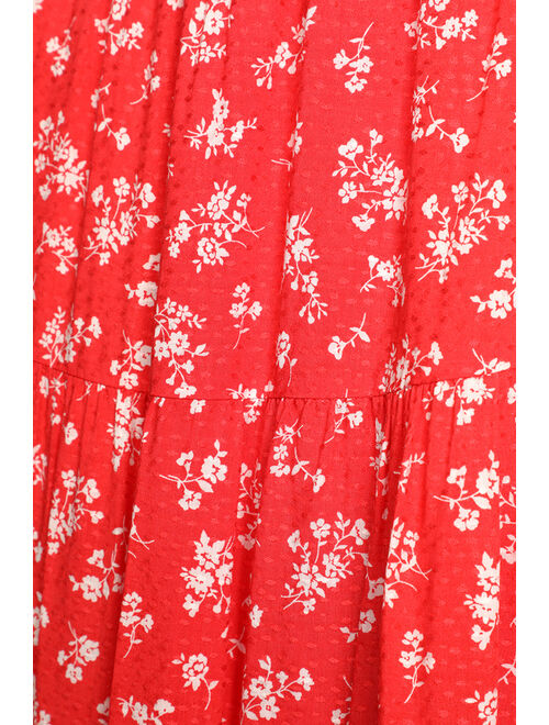 Lulus Seasonal Blooms Red Floral Print Tiered Midi Skirt