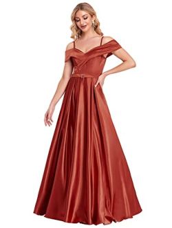 Women's Long A-Line Off-Shoulder Spaghetti Straps Evening Party Dress 50156