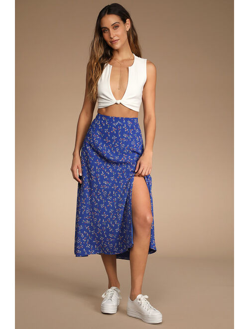 Lulus Bliss Me Cobalt Blue Floral Print Midi Skirt