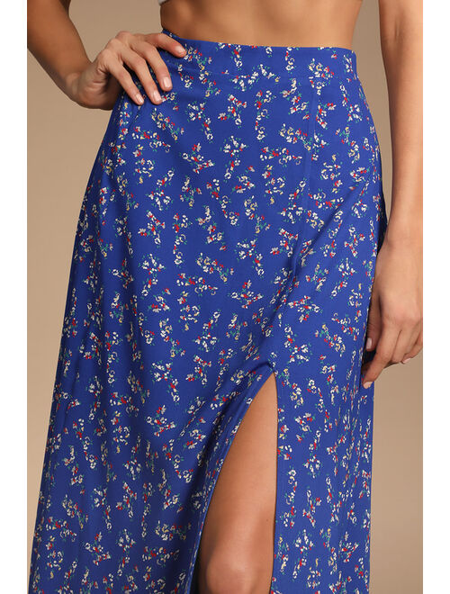 Lulus Bliss Me Cobalt Blue Floral Print Midi Skirt
